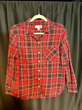 Old Navy Red Plaid Button-Up Shirt with Navy and Yellow Accents